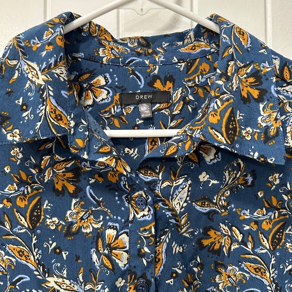DREW Floral Patterned Blue and Gold Women's Long Sleeve Button Front Blouse - Picture 3 of 7